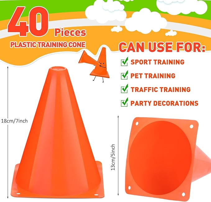 Reginary 40 Pieces 7 Inch Small Cones for Sports Football Bike Obstacle Training Cones Plastic Traffic Roadblock for Sports Skating Indoor Outdoor Activity Construction Party