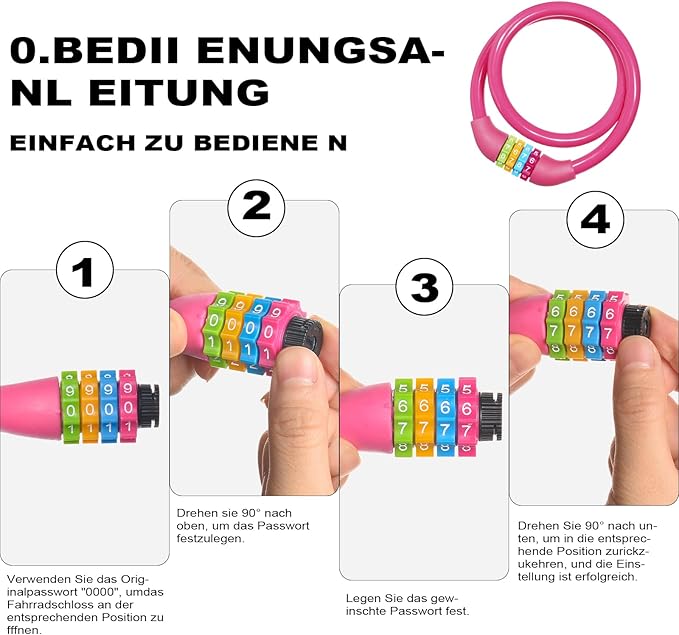 25 Inch Bike Lock Cable, Portable Anti Theft 4 Digits Codes Cable Locks, Resettable Combinations Coiling Bicycle Lock for Bike, Motorbike, Scooter, Skateboard, Gate, Fence (Pink)