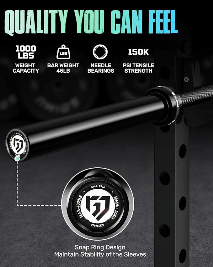 PB01 7FT Olympic Barbell, Weight Bar with Knurled Grip, 1000lb Capacity Strength Training Deadlift Bar for Squat, Weightlifting, Bench Press, Fits 2-inch Standard Weight Plates