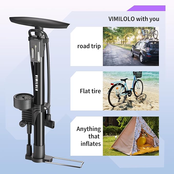 VIMILOLO Bicycle Pump, Bike Floor Pump with Gauge Inflator for Presta and Schrader Valve Portable Tire Pumps for Ball Bike Pumps