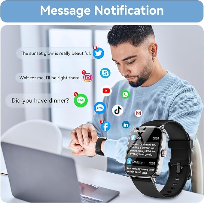 Tensky Smart Watch for Men/Women Android & iPhone, 1.85" Touch Screen Fitness Tracker with Answer/Make Call, IP68 Waterproof Heart Rate/SpO2/Sleep Monitor, Pedometer, 100+ Sport Modes (2 Bands)