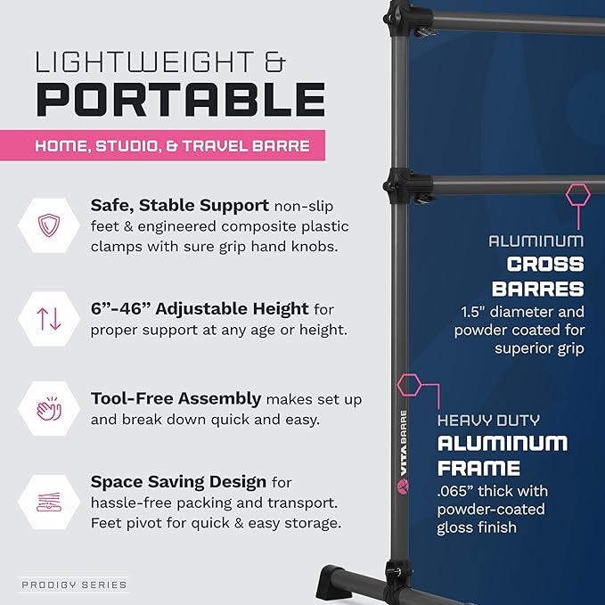 VITA Barre Portable Freestanding Double Ballet Barre, Prodigy, with Carry Bag | Adjustable Height, USA Made, Home or Gym Exercise Equipment for Kids & Adults | Dance, Fitness, Pilates