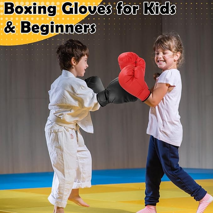 Boxing Gloves, 2 Pairs Boxing Gloves for Beginners and Children, Training & Sparring Kick Boxing Glove Training Glove Set Punching Bag Mitts, Black+Red