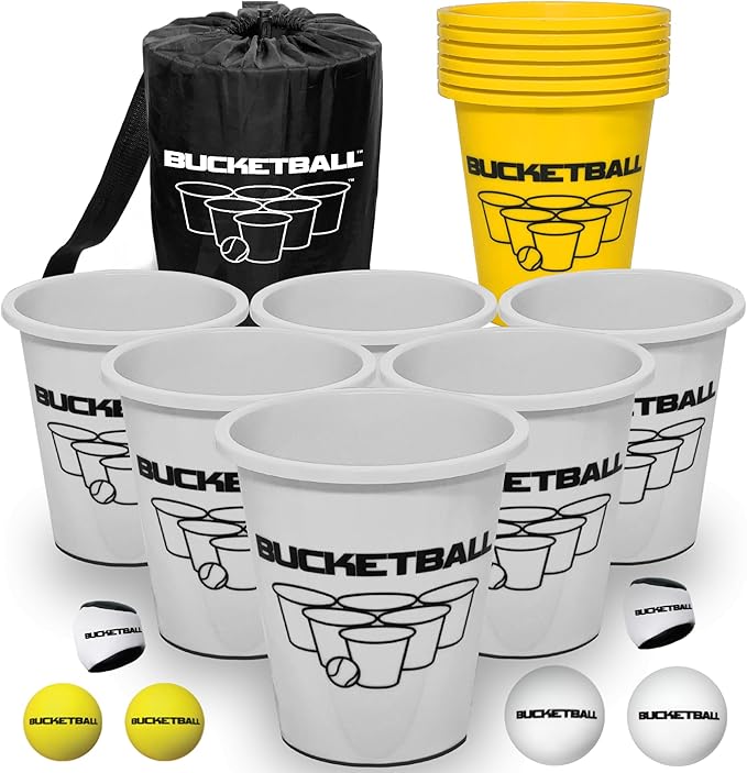 BucketBall | Team Color Edition | Combo Pack (Silver/Yellow): Original Yard Pong Game: Best Camping, Beach, Lawn, Outdoor, Family, Adult, Tailgate, Jumbo, Giant Game