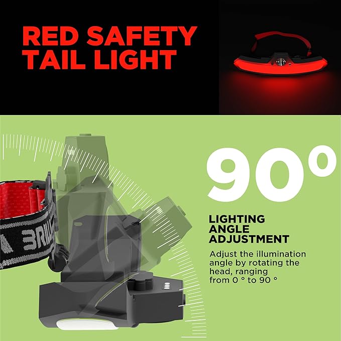 2 Pack LED headlamp rechargeable, 1200 mAh battery head lamp with 6 lightning modes, Red safety headlight with adjustable light angle, led headlights high and low beam for camping, hiking, running