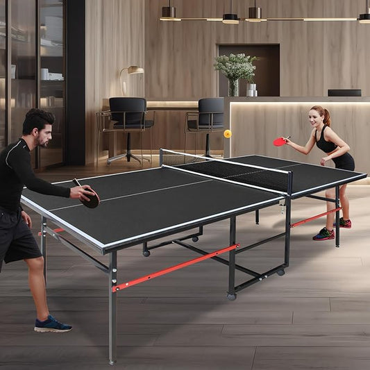 Professional Table Tennis Table, Foldable Ping Pong Game Set for Indoor, 8FT 9FT Single Player Playback Mode Ping Pong Table with Net and Post Set, 2 Paddles and 3 Balls