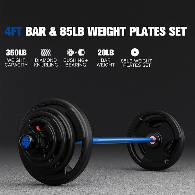RitFit Barbell Weight Set - 4/6FT Olympic Barbell with Weight Plates (55-275LB Total) - Weightlifting Equipment for Squats, Curls, Deadlifts, Presses, Hip Thrusts