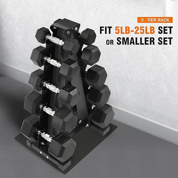 Rubber Coated Hex Dumbbell Weight Sets and Storage Rack, 100LBS Set or 150LBS Set, 5-20 lbs Pairs or 5-25 lbs Pairs