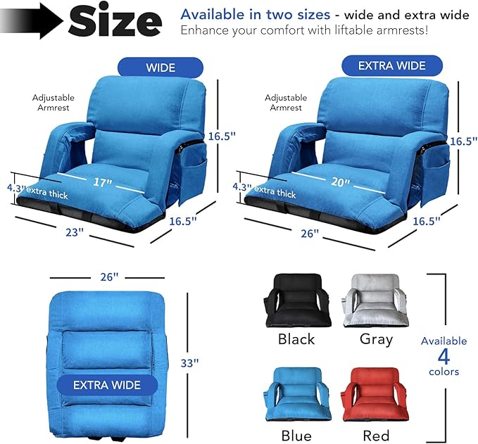 Extra Wide Stadium Seats With Back Support 2 Pack, Exclusive "Sofa Style" Design Thick Bleacher Chairs With Back and Cushion, 6 Reclining Positions - Ultimate Comfort for Sports Events (Blue, 25")