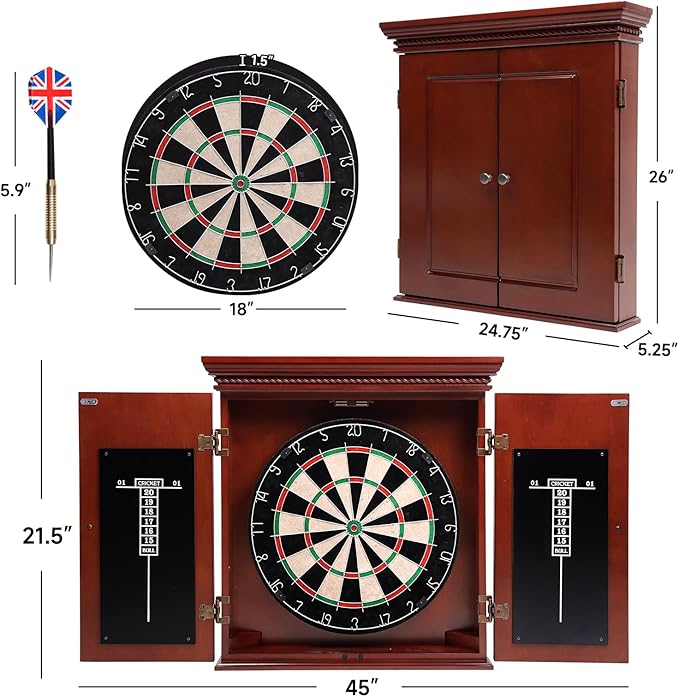 GSE Games & Sports Expert Professional Solid Wood Classic Dartboard Cabinet with Sisal/Bristle Dartboard, Scoreboard, and 6 Steel Tip Darts, Easy Assembly Complete with All Accessories (Premium Brown)