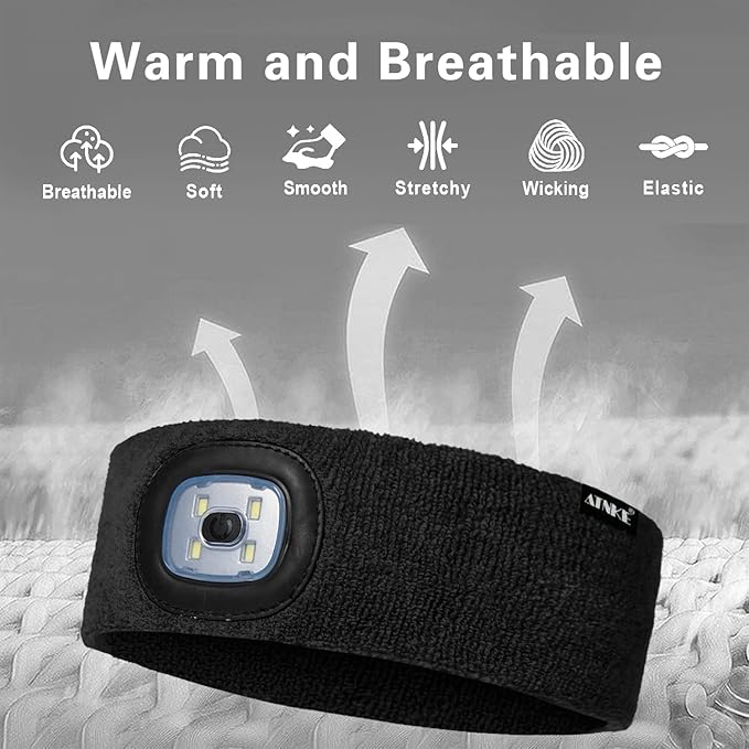 ATNKE 4 LED Lighted Sport Sweatband,USB Rechargeable Running Head Band Lamp High Stretch Wicking Gifts for Men and Women