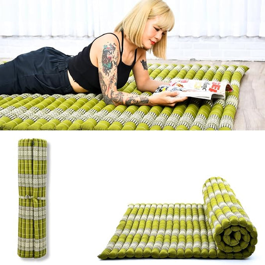 Leewadee - Foldable Floor Mattress - Japanese Roll Up Futon -Trifold Tatami Mat- Guest Floor Bed - Camping Mattress - Thai Massage Mat, Kapok Filled, 75 x 57 inches, Green