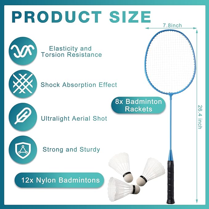 Woanger 8 Packs Badminton Rackets Set with 12 Badminton Racquets for Adult Backyard Gym Beach Outdoor Games
