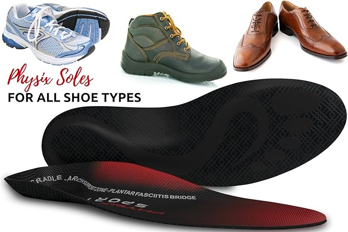 Physix Gear Orthotic Insoles for Men & Women - Arch Support Orthotics Insole, Orthopedic Insoles, Inserts for Men & Women, Foot Insoles for Plantar Fasciitis Comfort, Shoe Insert, Feet, Red/Black, XL