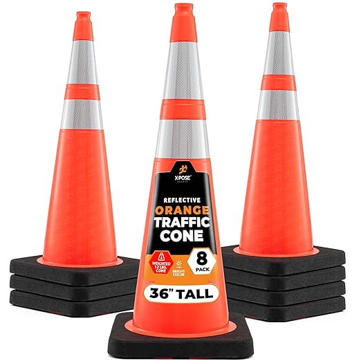 Xpose Safety 36 Inch Orange Traffic Cones Heavy Duty 12lb with 6" & 4" Collars, 8 Pack - Multipurpose PVC Plastic Safety Cone for Parking, Soccer, Caution, Kids and Construction - DOT Approved