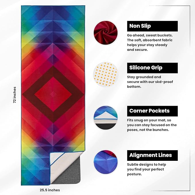 Yoga Drip Yoga Towel - Non Slip Hot Yoga Mat Towel With Corner Pockets, No-Skid Grip, and Built-in Alignment Lines | Soft, Moisture Wicking, and Sweat Absorbent | No Bunching, Stays in Place 72" x 25"