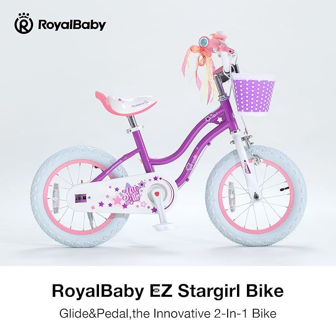 RoyalBaby Girls Bike EZ Bike Stargirl Training Free Balance to Pedal Easy Learning Bicycle, 12-20 Inch for Toddlers & Big Kids.