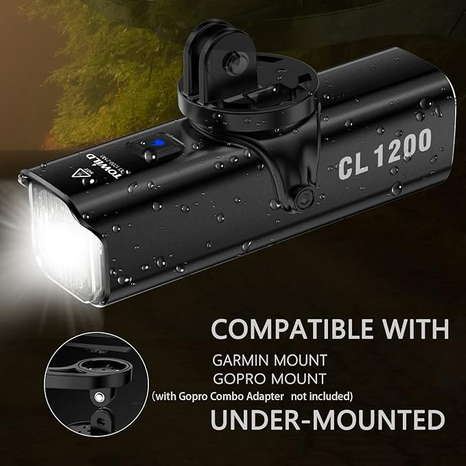TOWILD CL1200 Bike Lights for Night Riding,Compatible with Garmin/GoPro Mount,1200 Lumen Bright Bike Headlight,Rechargeable Battery,Waterproof Bike Front Light for Commuter Cyclists