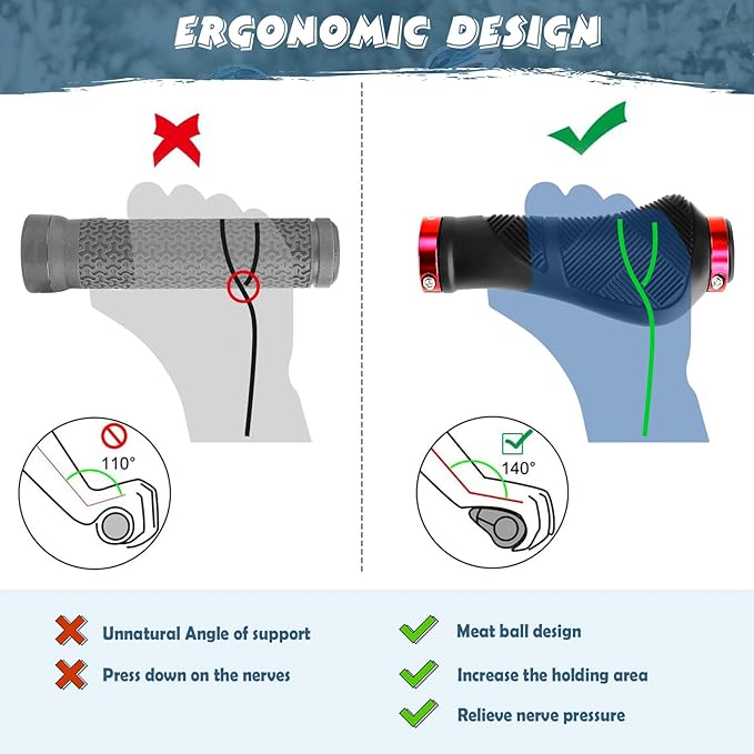 GXCROR Ergonomic Bike Handlebar Grips, Double Lock, Non-Slip Rubber, Universal 22.2mm, for MTB E-Bike