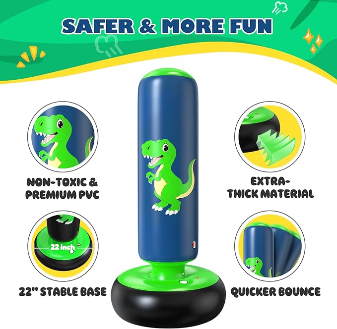 QPAU Inflatable Punching Bag, 48 Inch Stable Inflatable Boxing Bag for 3-6 Kids,Dinosaur Toy & Gifts for Boys and Girls, Kids Boxing Set for Practicing Karate, Taekwondo
