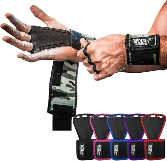 JerkFit WODies Gymnastics & Weightlifting Grips with Wrist Wraps – 3 Hole Versatile Gym Gloves for Pull Ups, Gym Training & Cross Training – Hand Grips Palm Protector for Men & Women