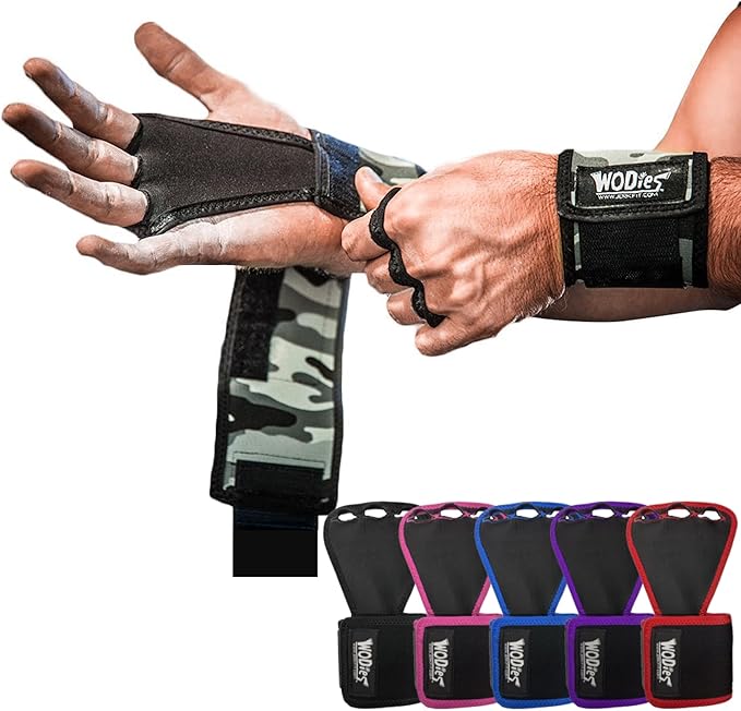 JerkFit WODies Gymnastics & Weightlifting Grips with Wrist Wraps – 3 Hole Versatile Gym Gloves for Pull Ups, Gym Training & Cross Training – Hand Grips Palm Protector for Men & Women
