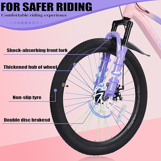 20 24 Inch Kids' Mountain Bike, Front Suspension Fork Kids' Bicycles for Boys Girls, Single Speed Bikes for Girls Boys Ages 8-12, Front and Rear Disc Brakes, Adjustable Seat Height