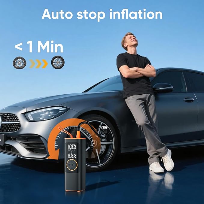 Tire Inflator Portable Air Compressor, 150PSI Cordless Air Pump for Car Tires, Electric Bike Tire Pump with Pressure Gauge, Auto Shut Off, LED Light for Car Motorcycle Bicycle Ball