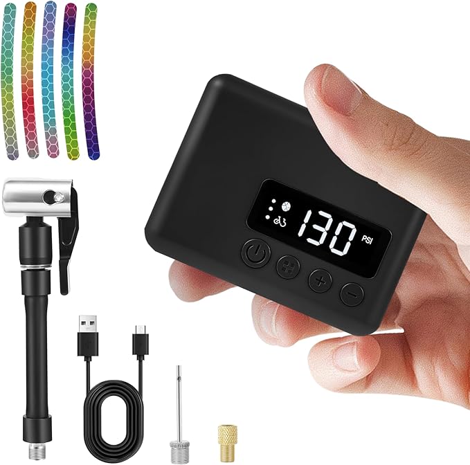 Mini Bike Pump 130PSI, Portable Bicycle Tire Pump with Pressure Gauge, Fast 30S Inflation for MTB/Road/E-Bike, Works with Presta & Schrader Valves, Includes Reflective Stickers