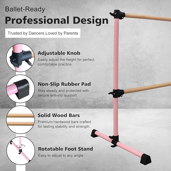 4FT/6FT Freestanding Ballet Barre Wood/Steel Height Adjustable from 7 to 46 inch Ballet Bar Portable Double Dance Bar for Home Workout and Stretch