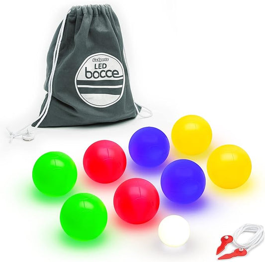 GoSports LED Bocce Ball Game Set - Includes 8 Light Up Bocce Balls, Pallino, Case and Measuring Rope - Choose 85 mm or 100 mm