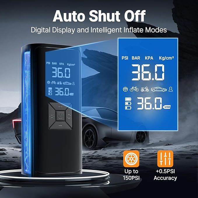 Tire Inflation Portable Air Compressor, 6x Speed 150 PSI Cordless Multi-Function Smart Air Pump with Digital Pressure Gauge - Fast Tire Inflator for Cars, Motorcycles, Pickup, Balls and More