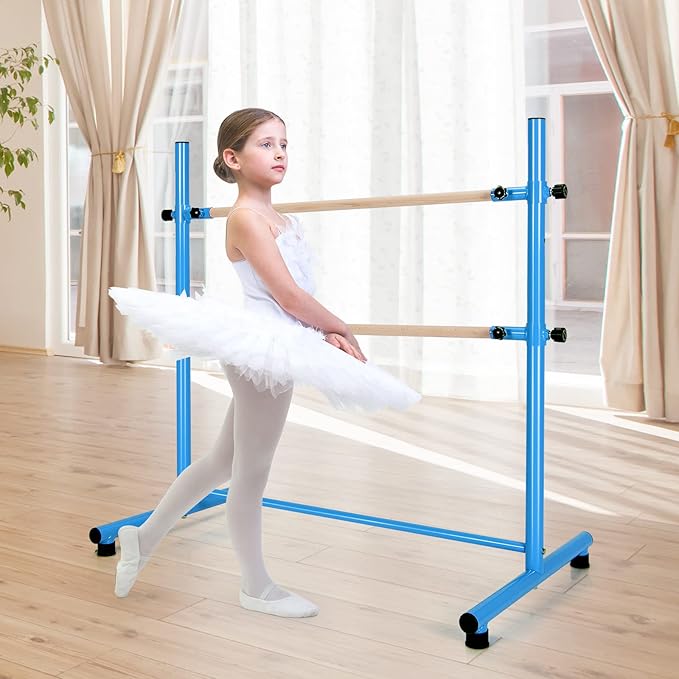 GOFLAME Double Ballet Barre Portable, 47” Freestanding Dancing Barre with 5 Adjustable Heights, Beech Wood Ballet Bar, Fitness Stretching Dancing Bar for Home, Gym, Dancing Room