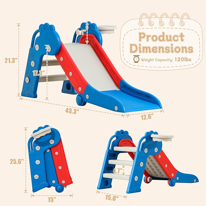Toddler Slide, Indoor Slide for Toddlers Age 3+, Climber Freestanding Playset with Basketball Hoop, Easy to Store and Set Up, Blue