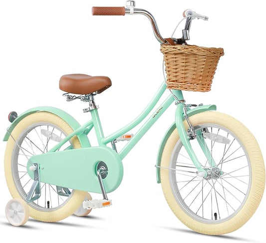 Glerc Little Molly 12-20 Inch Kids Retro Cruiser Bike for 2-13 Year Old with Wicker Basket & Training Wheels/Kickstand, Multiple Colors