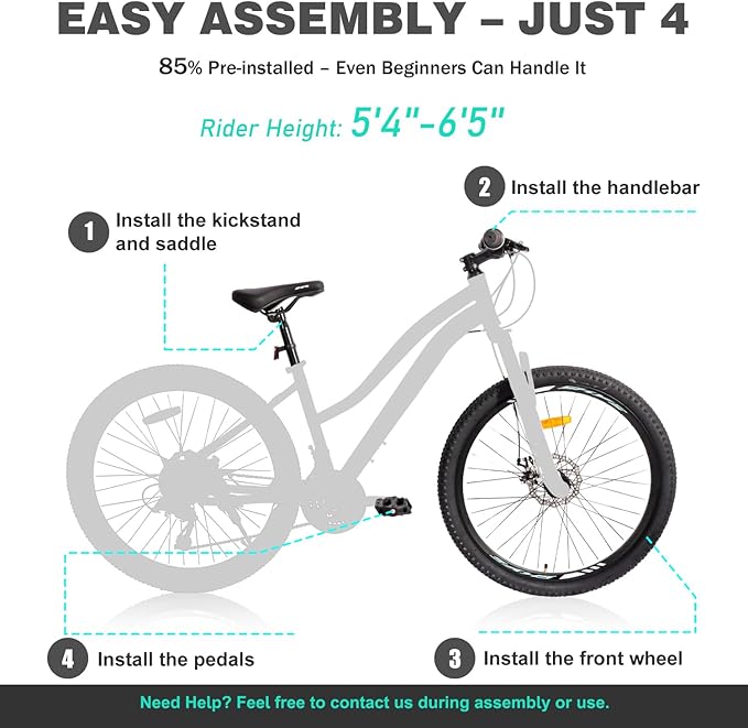 HappyHugs Women’s 26 Inch Mountain Bike, Low-Step Frame, 21-Speed Twist Shifters, Dual Disc Brakes, Front Suspension, 26×2.35 All-Terrain Tires for City Commute & Park Trails