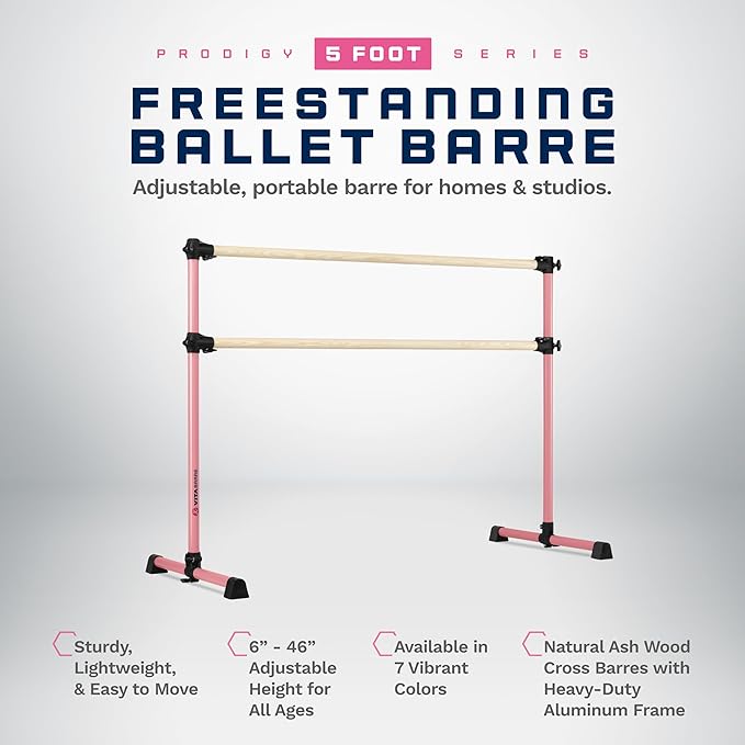 VITA Barre Portable Freestanding Double Ballet Barre, Prodigy, Wood | Adjustable Height, USA Made, Home or Gym Exercise Equipment for Kids & Adults | Dance, Fitness, Pilates