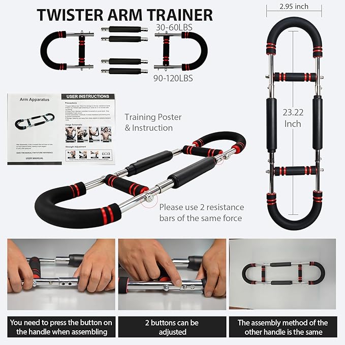 Twister Arm Trainer,30-120lb Adjustable Arm Chest Exerciser with 4 Resistance Springs for Men & Women,Detachable Power-Twist Home Fitness Equipment,Used to Enhance Upper Body Muscle Strength