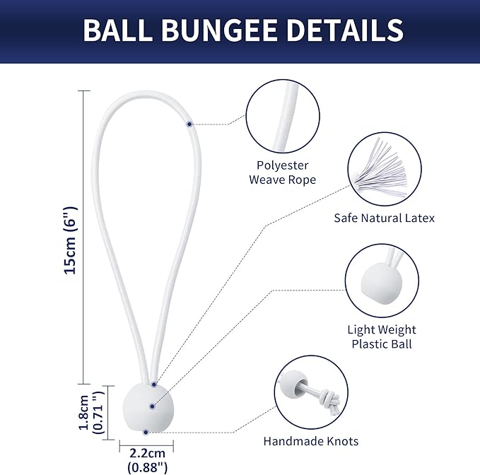 6 Inch Ball Bungee Cords, Heavy Duty UV Resistant Elastic Strap, Reusable Tie Down Cord with Balls, Indoor Outdoor Cords for Golf Net, Soccer Goals, Camping, Tent Poles, Hose (White, 50 Pack)