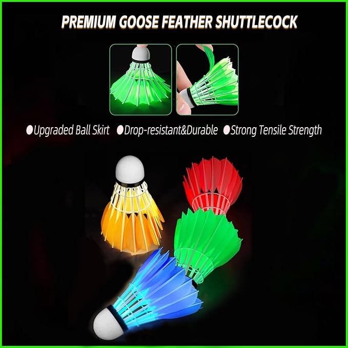 LED Badminton Birdies 4/5/6 PCS,Nylon Glow in The Dark Badminton Shuttlecocks,Goose Feather Colourful Lighting Birdies, Plastic Light Up Birdie Balls for Indoor Outdoor Sports Activities