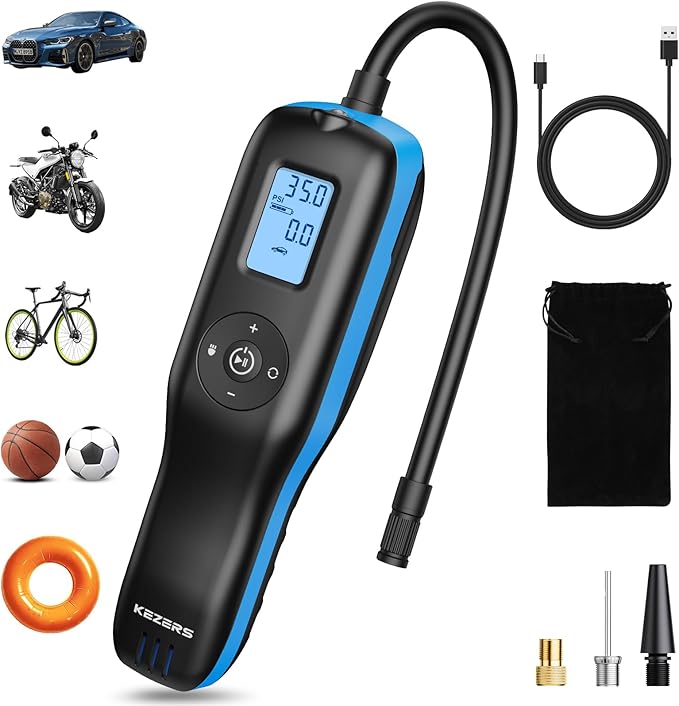 KEZERS Bicycle Tire Inflator, Portable 160PSI Air Pump,Cordless Air Compressor with Digital Pressure Gauge,Rechargeable Battery,Emergency Light,Tire Inflator for Car,Motorcycle,Bike,Ball
