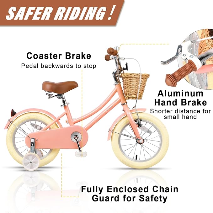 Glerc Little Molly 12-20 Inch Kids Retro Cruiser Bike for 2-13 Year Old with Wicker Basket & Training Wheels/Kickstand, Multiple Colors