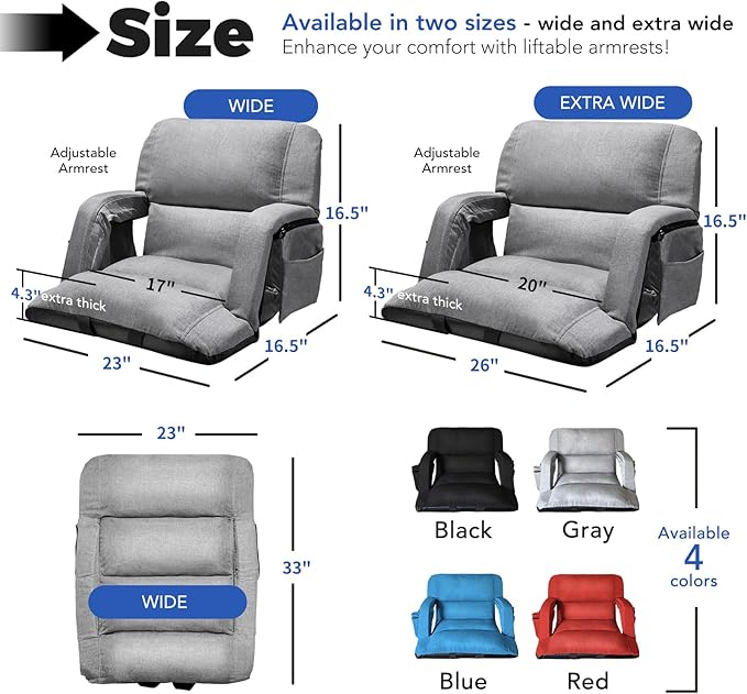 Wide Stadium Seats With Back Support 2 Pack, Exclusive "Sofa Style" Design Extra Thick Bleacher Chairs With Back and Cushion, 6 Reclining Positions - Ultimate Comfort for Sports Events (Grey, 22.5")