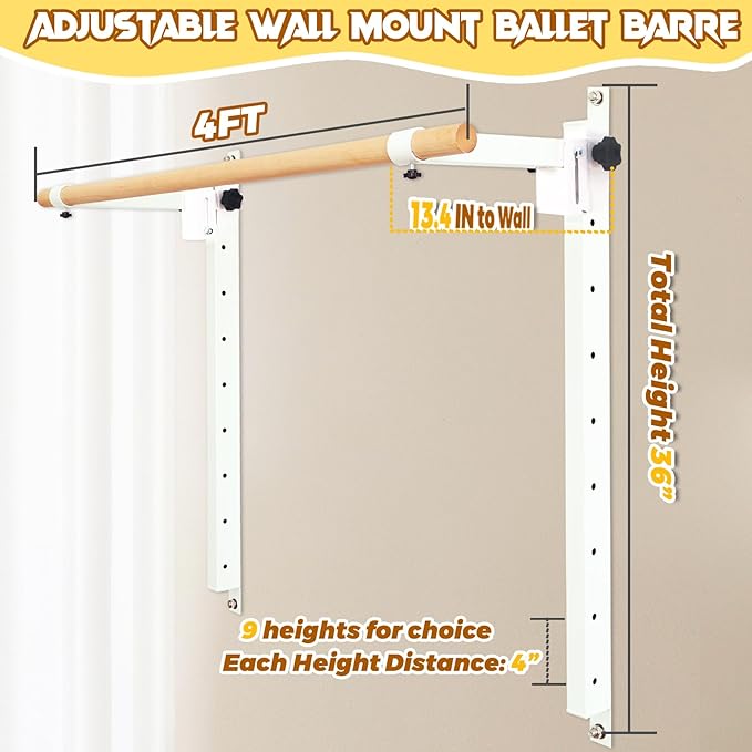 Wall Mounted Ballet Barre Adjustable Ballet Bar Foldable Dance Bar-Fully Adjustable -Solid Beech Wood Bar,Ballet workout Fitness Equipment Pull Up Stretch Never move