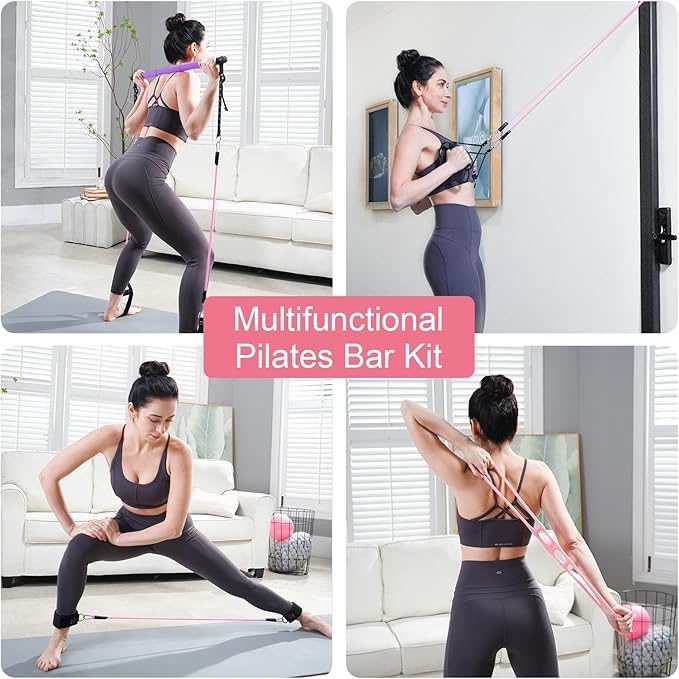 Pilates Bar Kit with Resistance Bands, Multifunctional Pilates Bar with 3 Set Exercise Resistance Bands, Portable Pilates Equipment for Women Home Gym Yoga Workouts
