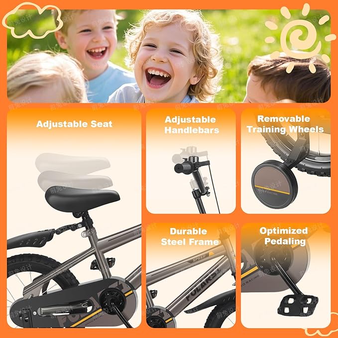 Boys Bike 12 14 16 Inch Kids Bicycle for 2-7 Years, Sporty Children's Mountain Bike with Training Wheels & Dual Brakes, Gray-Black Steel Frame