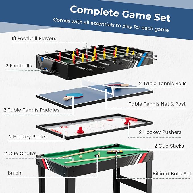 GYMAX 4 in 1 Multi Game Table, 49" Combo Game Table with Foosball Table, Pool Billiards, Air Hockey & Table Tennis for Kids Adults Family Game Room
