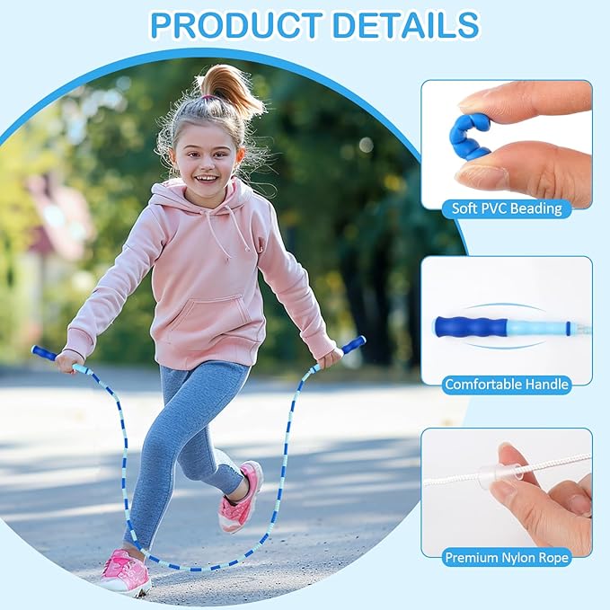 Jump Rope for Kids, Adjustable Jump Ropes for 4 5 6 7 8 10 12, Tangle Free Jumping Rope Age 8-12, Segmented Soft Beaded Skipping Rope for Women Fitness