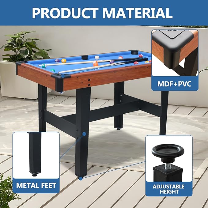48 Inch Pool Table, Ping Pong Table & Ice Hockey Combo, 3-in-1 Multi Game Table with All Accessories, Sturdy Locking Legs, Outdoor or Indoor
