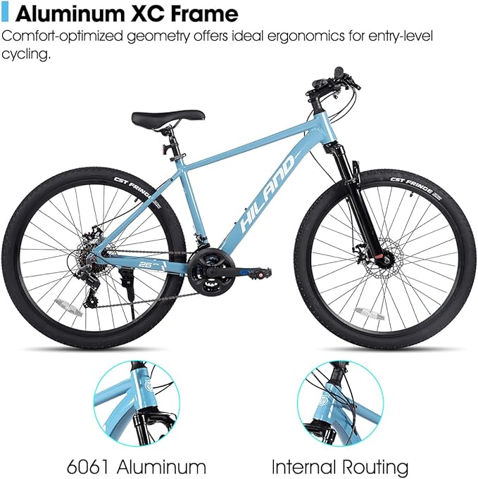 HILAND 26 Inch Mens and Womens Mountain Bike,21 Speed Mountain Bicycle with Dual Disc Brake, Front Suspension Fork, High Carbon Steel Frame Urban Commuter Bike for Adults